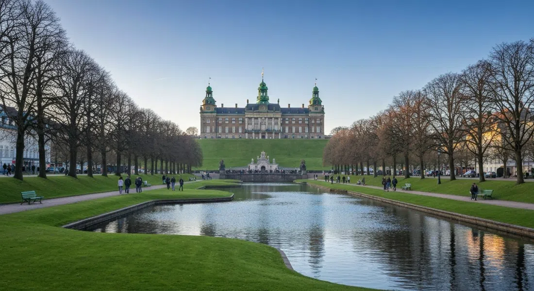 Frederiksberg Palast auf dem Hügel über dem Frederiksberg Have, gesehen über gewundene Kanäle und Rasenflächen im sanften Morgenlicht