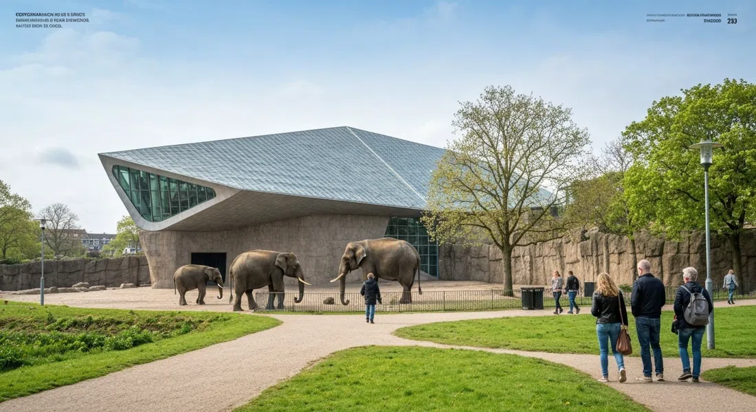 Elefanten im Kopenhagener Zoo, Fosters Elefantenpavillon vom öffentlichen Weg im Frederiksberg Have an einem klaren Nachmittag aus gesehen