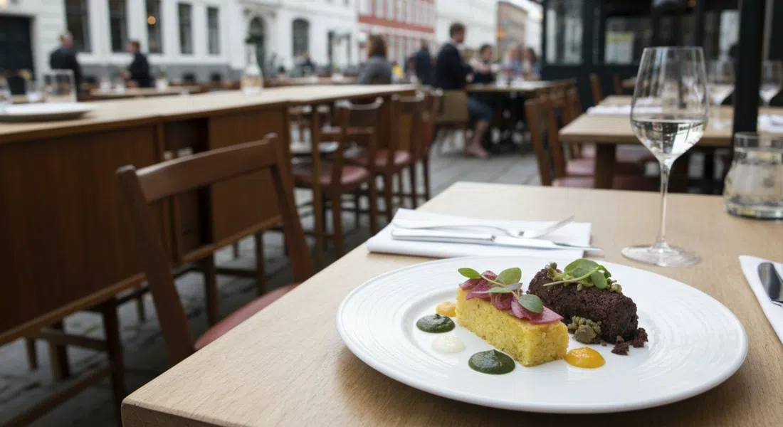 Ein verfeinerter saisonaler Teller vom Degustationsmenü im Formel B, auf einem Tisch mit Möbeln von Finn Juhl im Hintergrund