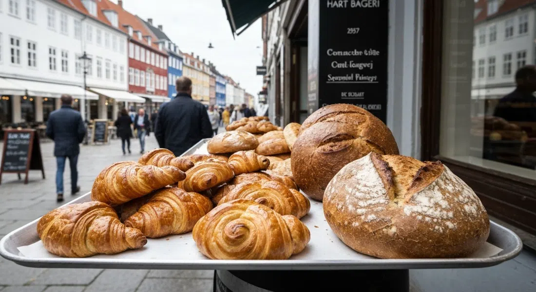 Ein Tablett mit Blätterteiggebäck und Landbroten bei Hart Bageri am Gammel Kongevej, im Nahaufnahme-Foto in der morgendlichen Schlange
