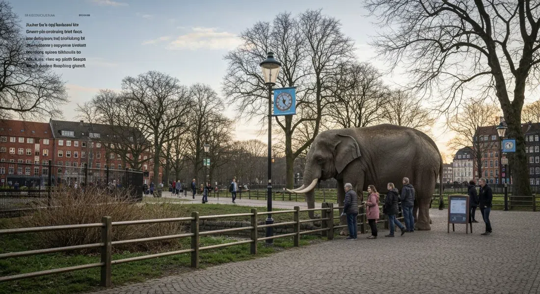 Der Elefantenpavillon im Kopenhagener Zoo vom öffentlichen Weg aus gesehen, mit Besuchern, die im späten Nachmittagslicht am niedrigen Zaun verweilen