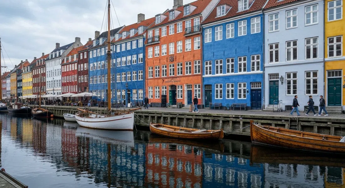 Nyhavn-Kanal im frühen Morgenlicht, bemalte Stadthäuser aus dem 17. Jahrhundert spiegeln sich im stillen Wasser, mit der blauen Fassade von Haus Nummer 9 und einigen vertäuten Holzbooten im Bild