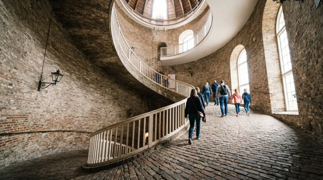 die breite spiralförmige Rampe des Rundetårn, die sich im Ziegelturm nach oben windet, mit einfallendem Tageslicht und der angedeuteten Sternwarte oben