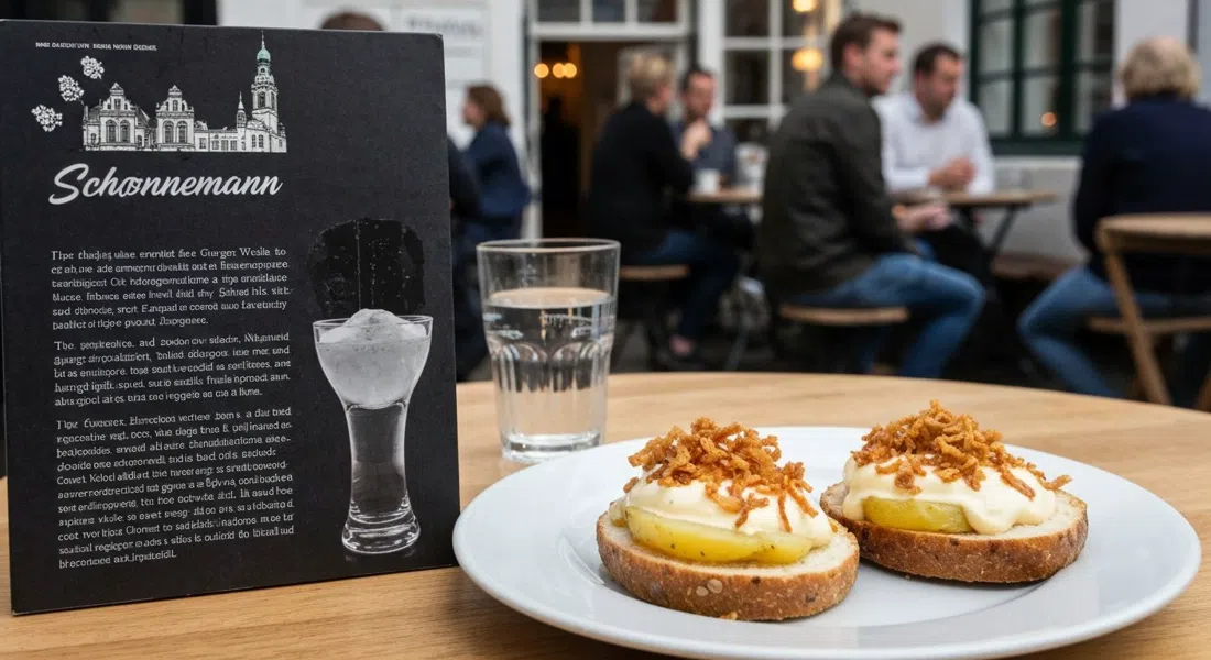 ein traditionelles Smørrebrød-Mittagessen bei Schønnemann, mit Kartoffel-Smørrebrød, belegt mit hausgemachter Mayonnaise und knusprigen Zwiebeln, neben einem Glas Schnaps in einer gemütlichen Kelleratmosphäre
