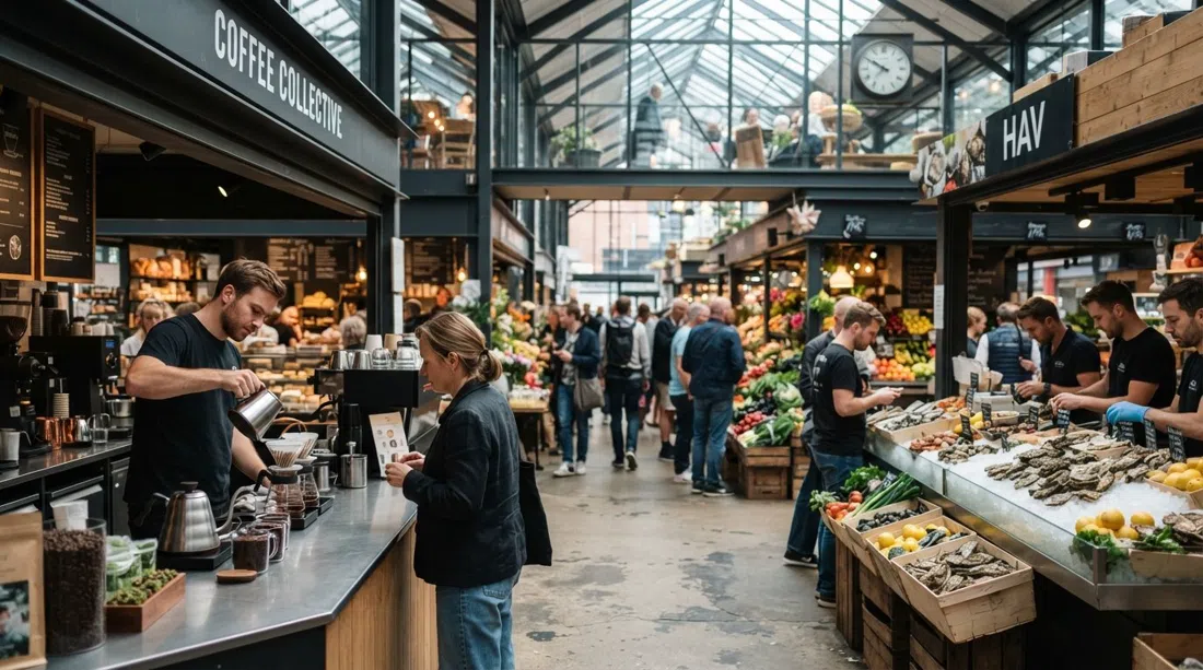 das Innere von Torvehallerne aus Glas und Stahl am späten Vormittag, mit einem Coffee-Collective-Filterkaffeestand, Austernständen und Körben mit Produkten unter hellem Marktlicht