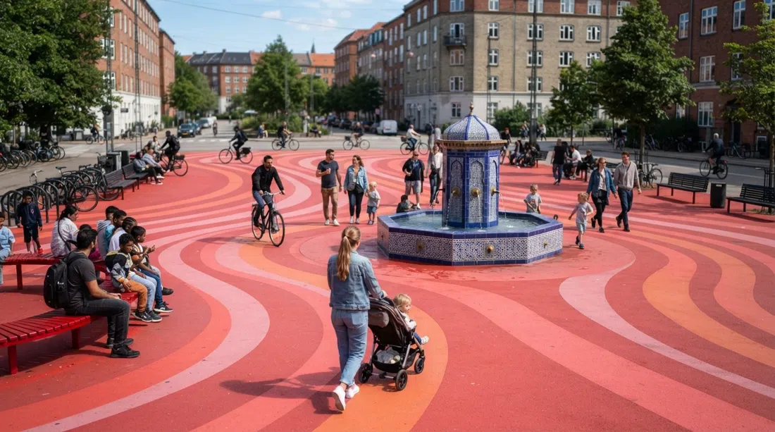 der gestreifte rote Platz des Superkilen an der Nørrebrogade an einem hellen Tag, mit dem marokkanischen Brunnen und gemischter lokaler Menschenmenge im Bild