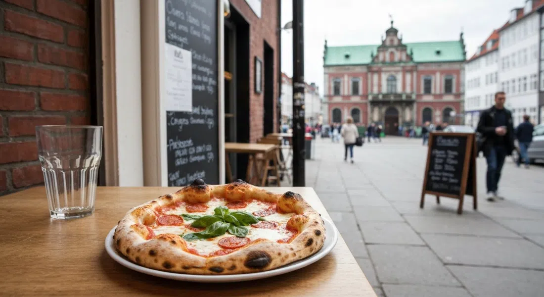 eine Holzofen-Pizza von Bæst auf einem einfachen Teller, blasiger Rand und hausgemachte Wurstwaren daneben, in warmem Innenlicht aufgenommen