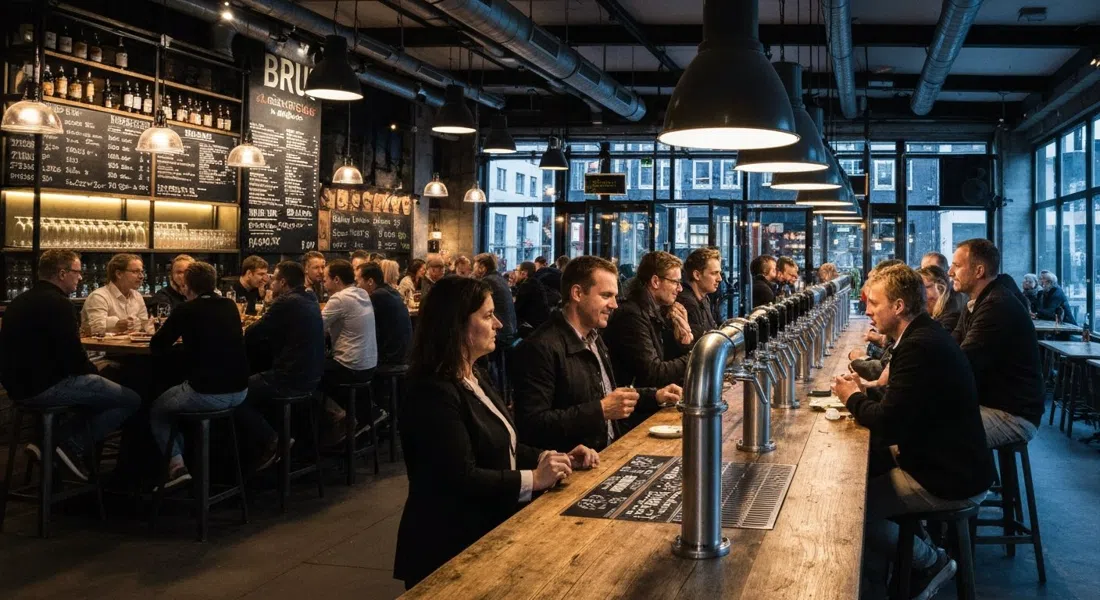 die geschäftige Schankstube bei BRUS im Abendlicht, Reihen von Bierzapfhähnen und Gästen unter industriellen Pendelleuchten