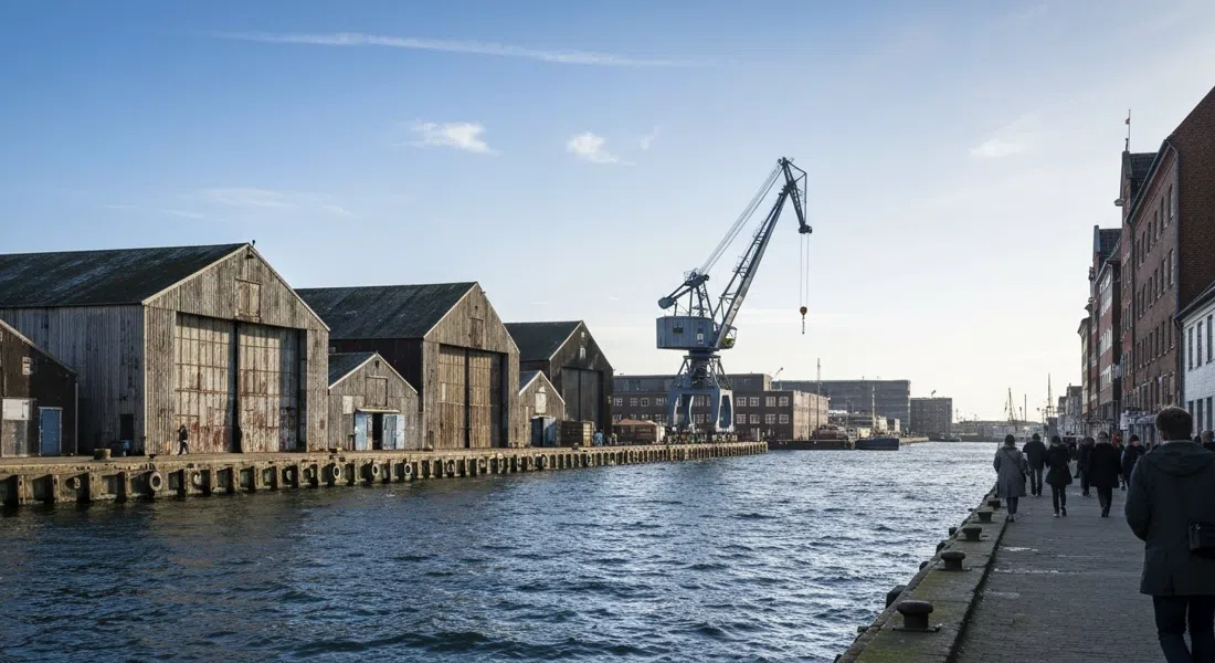 Refshaleøens Hafenpromenade mit verwitterten Werftschuppen, einem skelettartigen Portalkran und welligem Wasser unter tiefem Nordlicht
