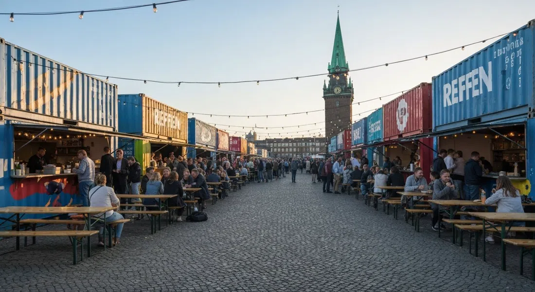 Reffens Container-Küchen und belebte Picknicktische in der späten Nachmittagssonne, mit Menschen, die neben bemalten Schiffscontainern nach Straßenessen anstehen