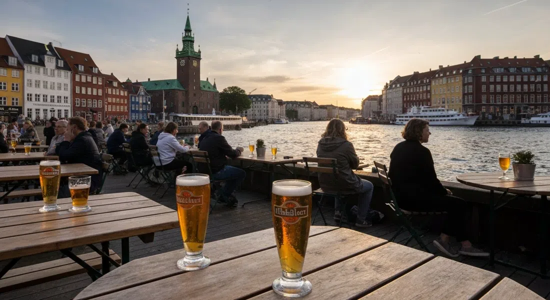Mikkeller Baghavens Uferterrasse bei Sonnenuntergang, mit Biergläsern auf Holztischen und dem im Hintergrund glänzenden Hafen