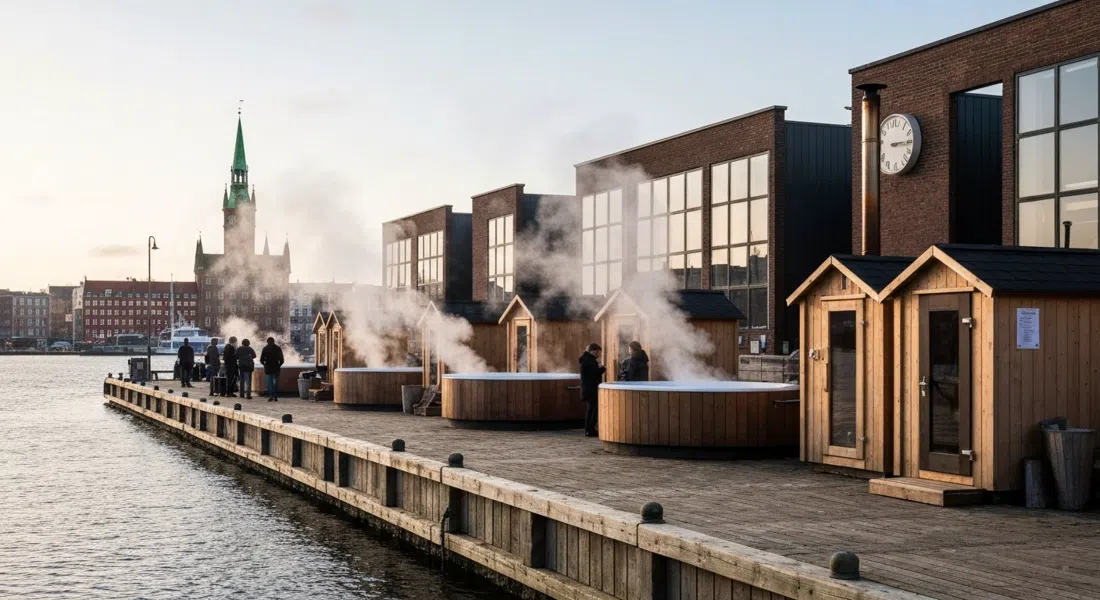 CopenHots feuerbeheizte Whirlpools und Saunakabinen an der Refshalevej 195, mit aufsteigendem Dampf im Winterlicht neben dem Hafen