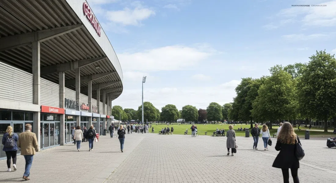 Parken-Fußballstadion in Østerbro von außen gesehen, mit Geranium im achten Stock darüber angedeutet, Fælledparken erstreckt sich grün dahinter unter klarem Tageslicht
