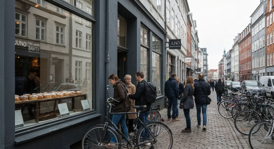 die Schlange vor Juno the Bakery in der Århusgade 48 im Morgenlicht, Fahrräder entlang des Bürgersteigs geparkt und Tabletts mit Kardamombrötchen durch das Fenster sichtbar