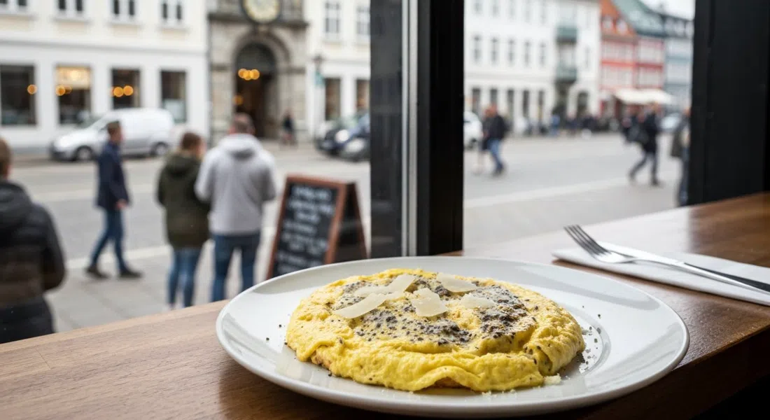 ein angerichtetes Cacio-e-Pepe-Omelette bei Amator auf einem kleinen Tresentisch, schwarzer Pfeffer und Grana Padano sichtbar, natürliches Tageslicht vom Fenster