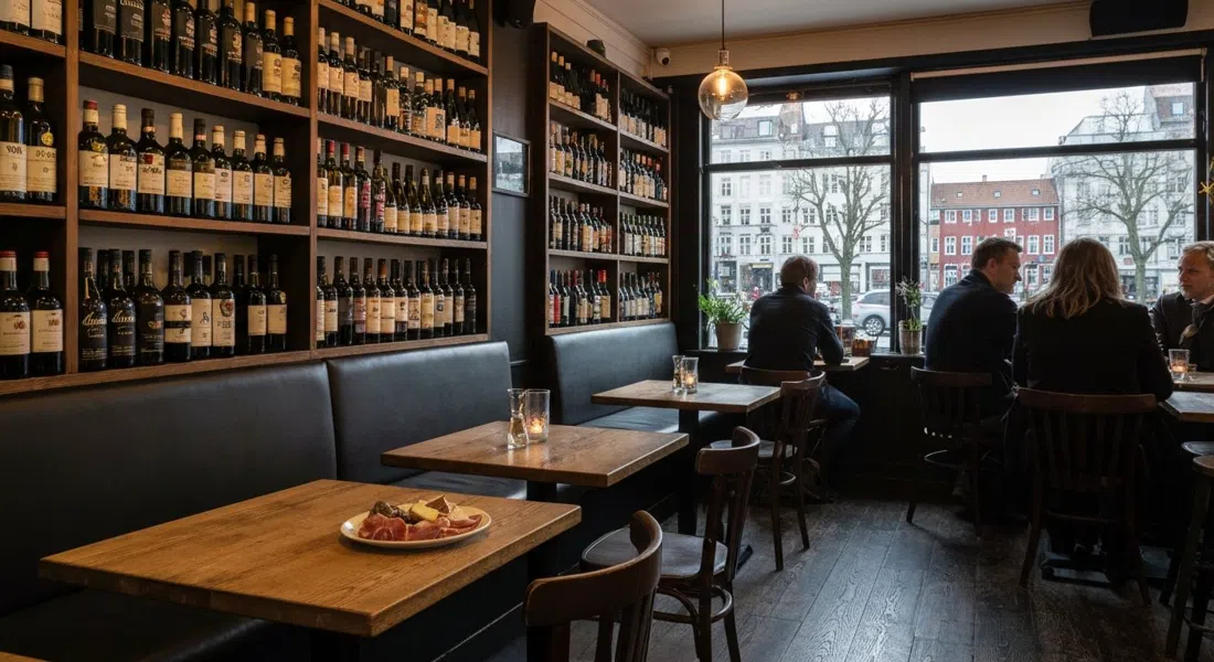 das gemütliche Interieur von ROOTS Vinbar zwischen Trianglen und den Seen, Flaschen in Regalen, gedämpftes Licht und ein kleiner Teller mit Charcuterie auf dem Tisch