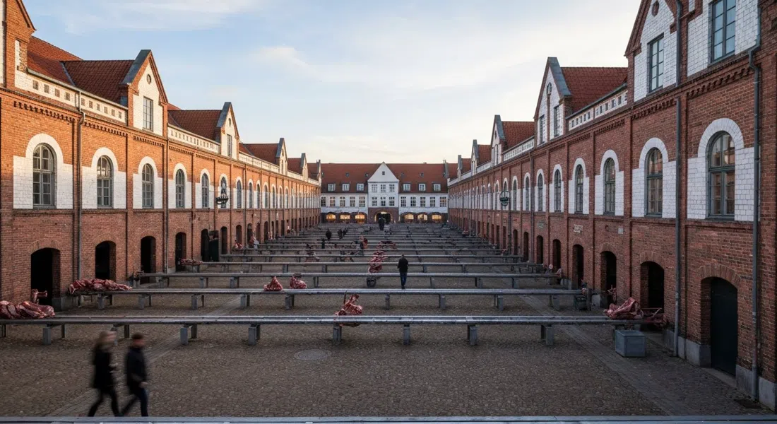 Kødbyens rotbacksteinene und weiße Schlachthofhallen im Spätnachmittagslicht, mit Fleischhakendetails und gefliesten Fassaden quer über die offenen Höfe