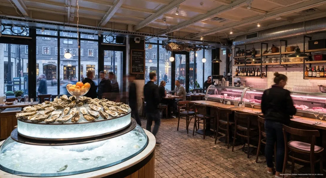 Kødbyens Fiskebar innen, mit dem runden Aquarium, Austernservice und industriellen Metzgerdetails unter sanftem Abendlicht