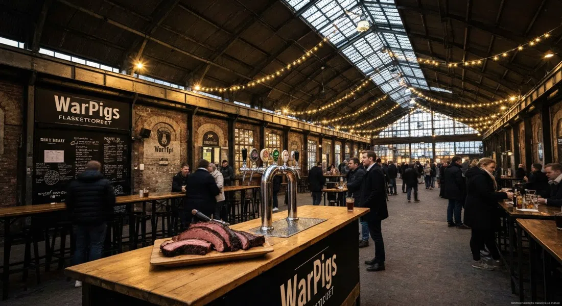 WarPigs am Flæsketorvet mit geräuchertem Brisket, Bierzapfhähnen und der industriellen Halle, die nachts unter Lichterketten leuchtet