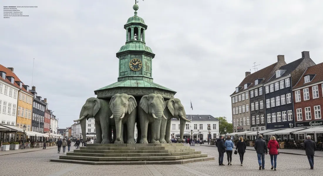 Das Elefantentor am Carlsberg City District, vier steinerne Elefanten tragen den Turm bei klarem Tageslicht
