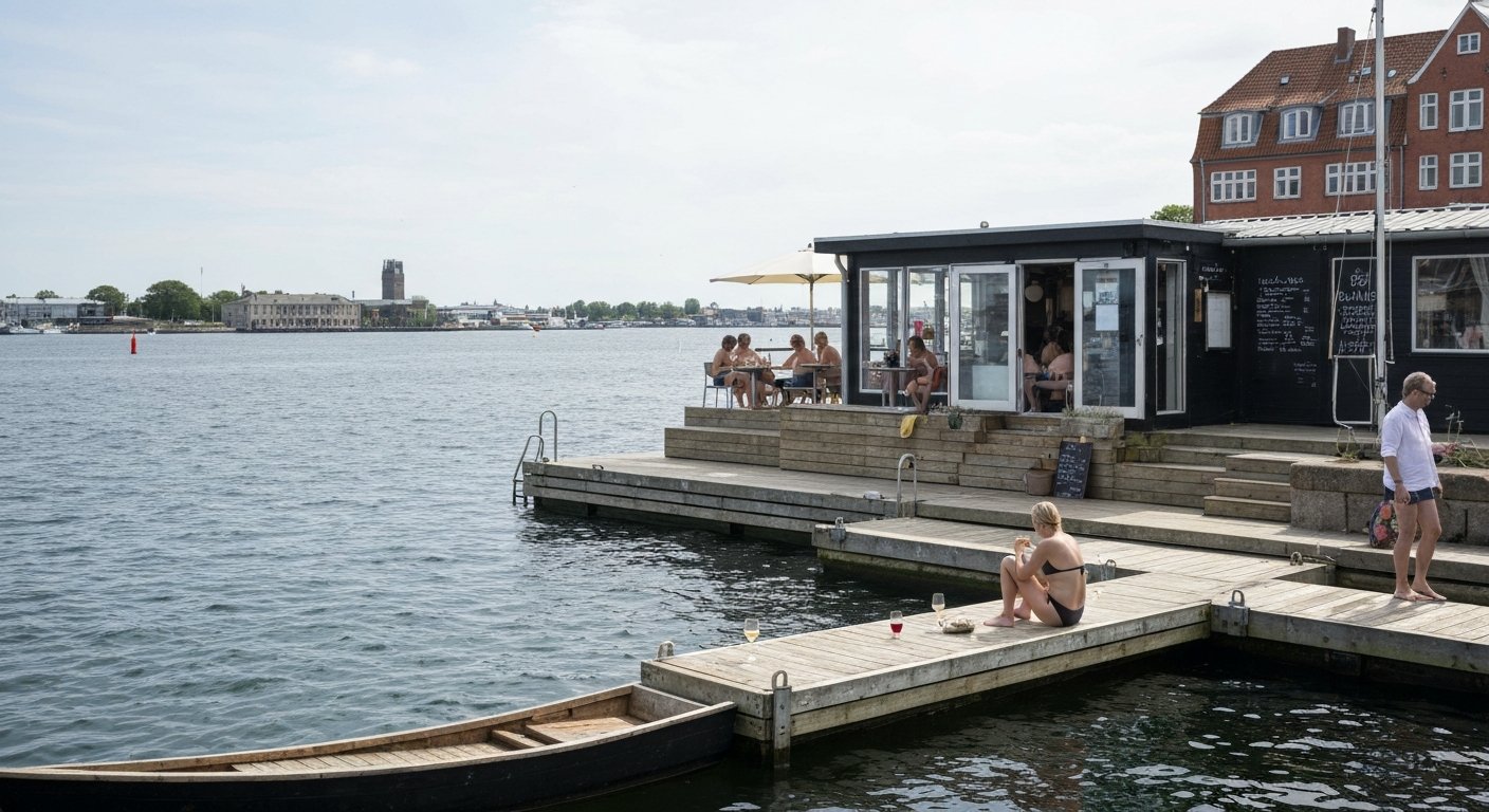 La Banchina’s small boathouse terrace and swim pier at the harbour edge, with a few guests in swimwear and glasses of natural wine