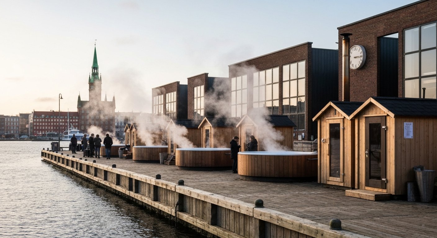 CopenHot’s fire-heated tubs and sauna cabins on Refshalevej 195, with steam rising in winter light beside the harbour