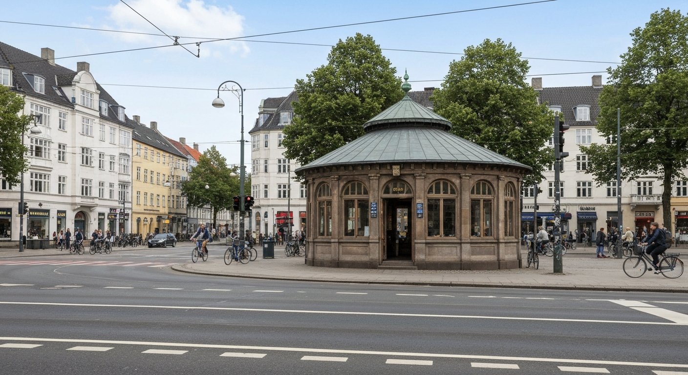 Trianglen in Østerbro at street level, the 1907 former tram waiting-room nicknamed “the turtle” framed by wide roads, cyclists and five-storey stucco blocks