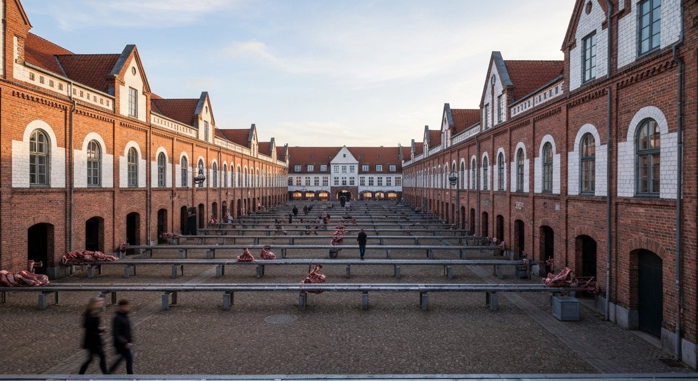 Kødbyens red-brick and white slaughterhouse halls in late afternoon light, meat-rail details and tiled façades visible across the open yards