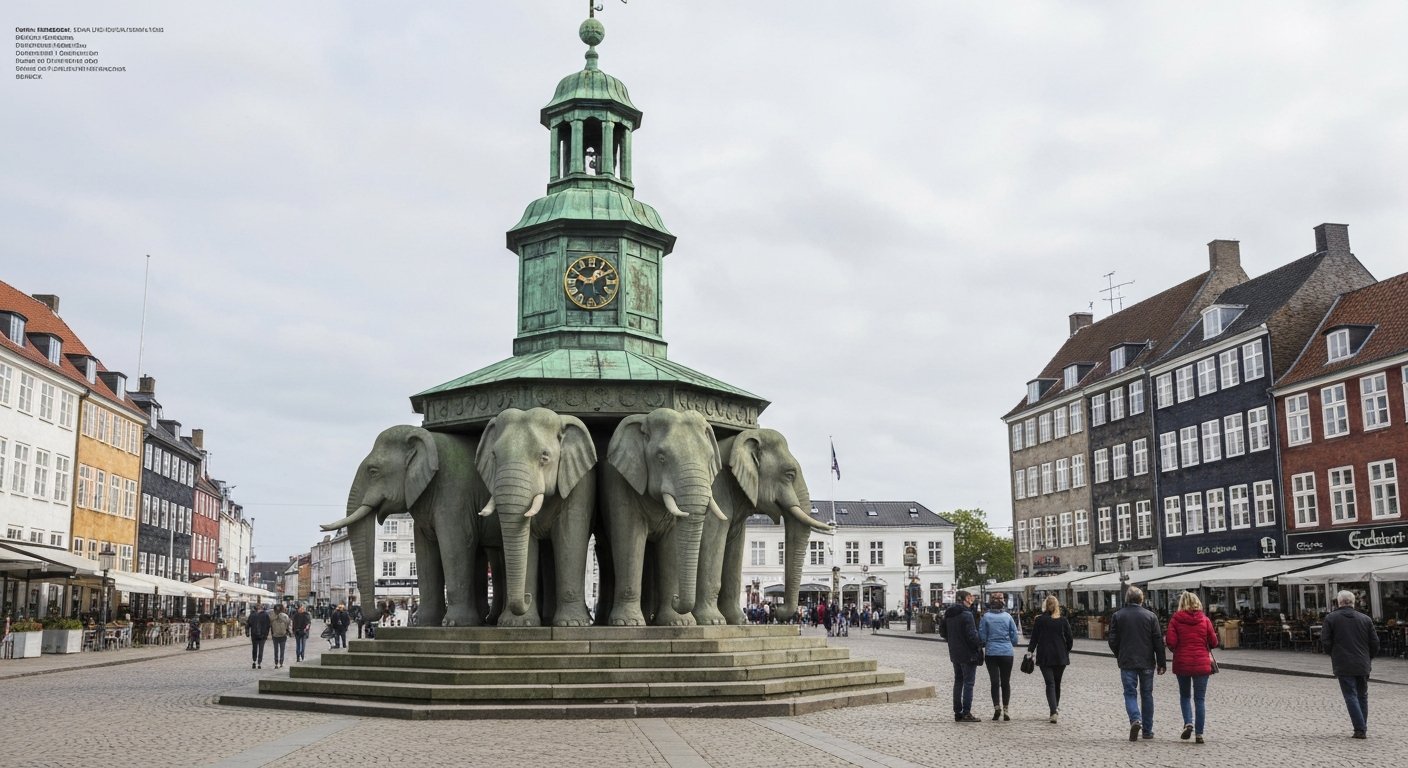 the Elephant Gate at the Carlsberg City District, four stone elephants supporting the tower in clear daylight