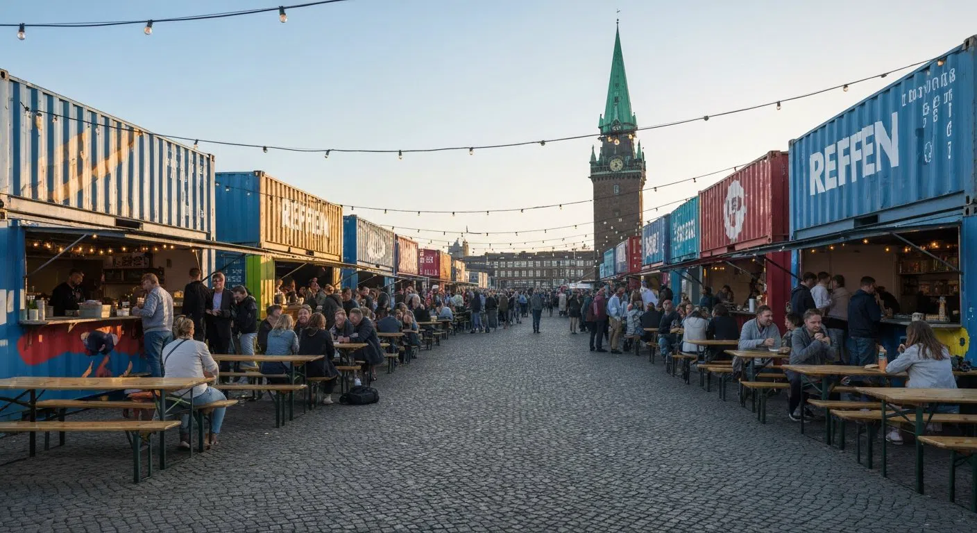 Reffen’s container kitchens and crowded picnic tables in the late-afternoon sun, with people queuing for street food beside painted shipping containers